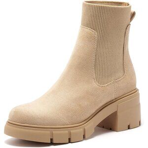 Women's Nude Suede Elastic Chelsea Boots Chunky Block Heel Platform Lug Sole